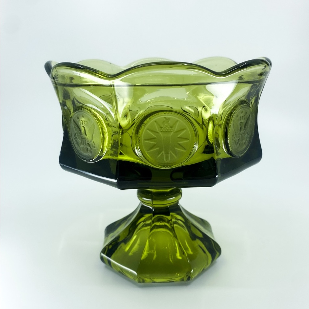 Vintage 1960s Fostoria Green Wedding Compote Bowl Coin Dot Glass